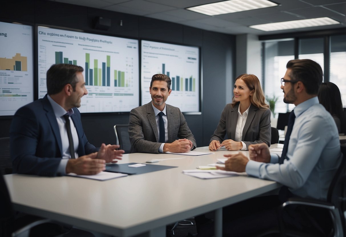 A group of people discussing the pros and cons of 'portage salarial' in a modern office setting with charts and graphs on the wall