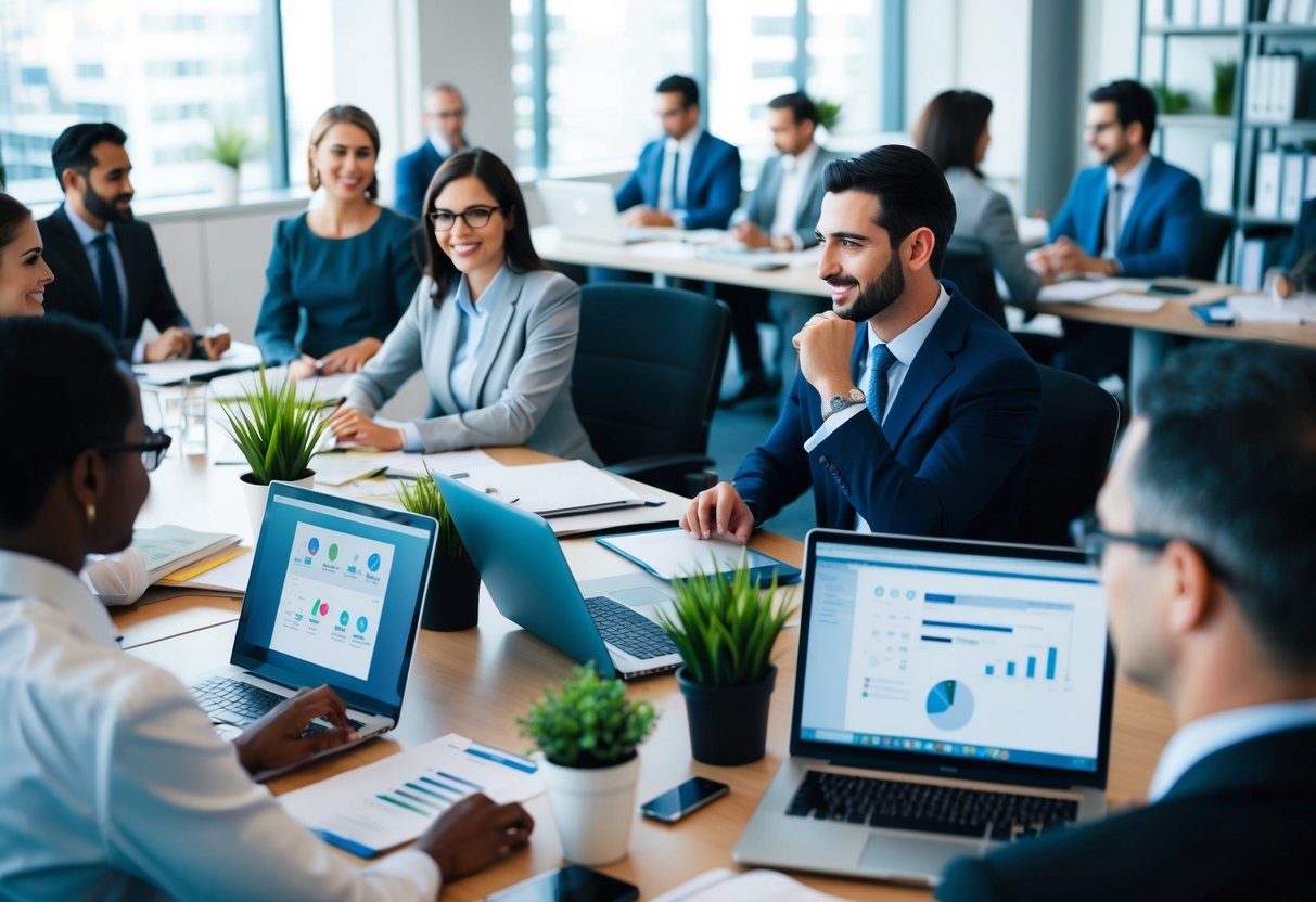 Un bureau animé avec divers professionnels travaillant à leurs bureaux, collaborant lors de réunions et établissant des contacts avec des clients.