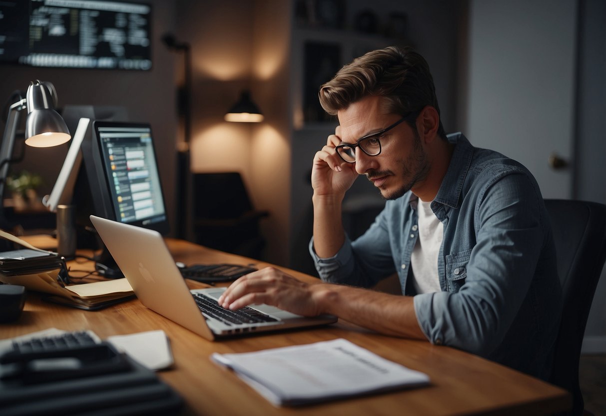 Une personne à la recherche de missions en freelance, entourée d’un ordinateur, d’un téléphone et de documents administratifs.