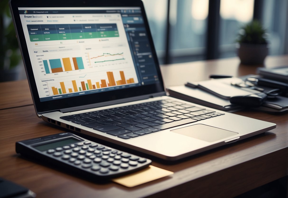 Un bureau avec un ordinateur portable, une calculatrice et des documents financiers. Un graphique montrant une augmentation des revenus. Un contrat et un stylo prêts à être signés.